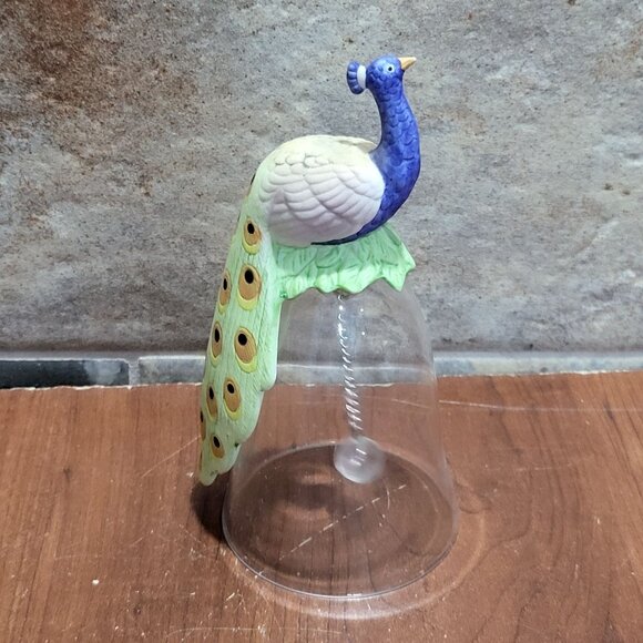 Peacock Bird Figurine on Crystal Glass Bell Silver Tone Chain Glass Ball - Picture 8 of 11